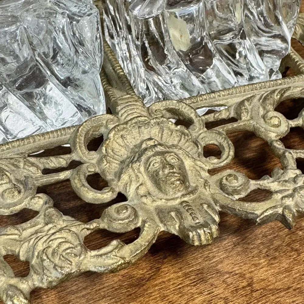Antique Ornate Brass Double Inkwell Stand with Two Glass Ink Pots Victorian Era - Picture 3 of 11